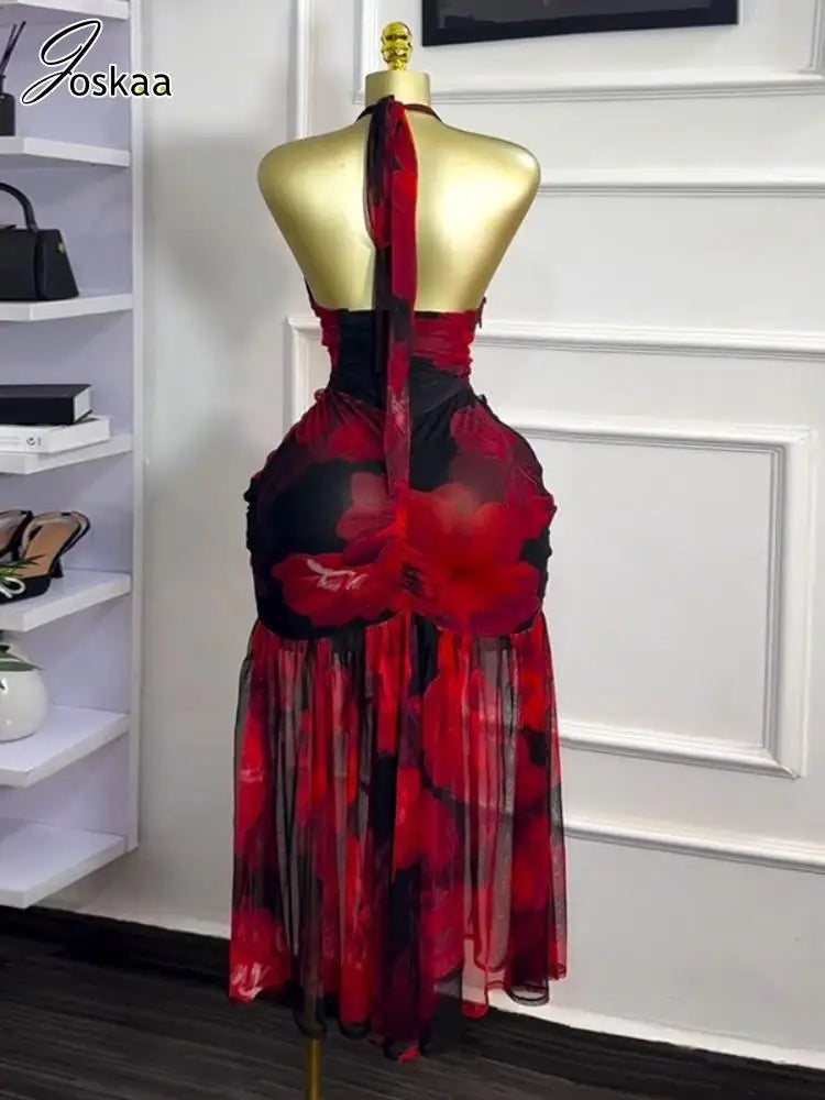Women's Mesh Ruched Backless Halter Maxi Dress Red – Front View