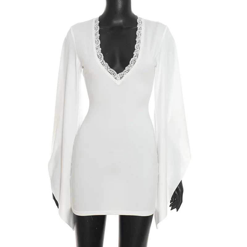 Women's Lace V-neck Long Sleeve Bodycon Mini Dress - Additional View 9