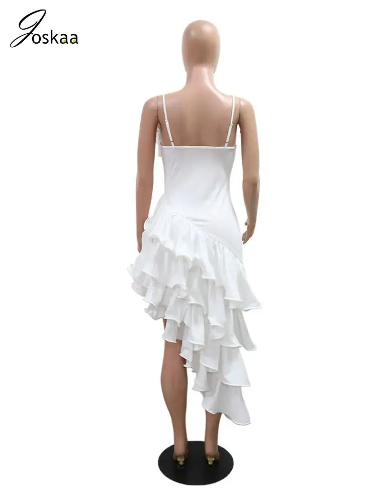 Women's Sleeveless Elegant Irregular Ruffled Bodycon Dress White – Detail View