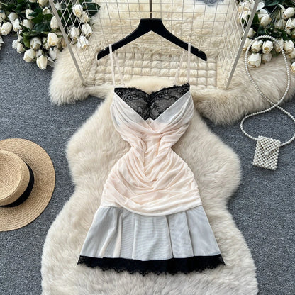 Women's Mesh Lace Ruched V-neck Mini Dress - Additional View 11
