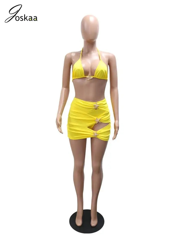 Women's Cutout Mini Swimwear Piece Bra Bikini Set Yellow – Back View