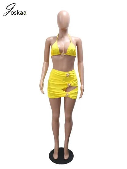 Women's Cutout Mini Swimwear Piece Bra Bikini Set Yellow – Back View