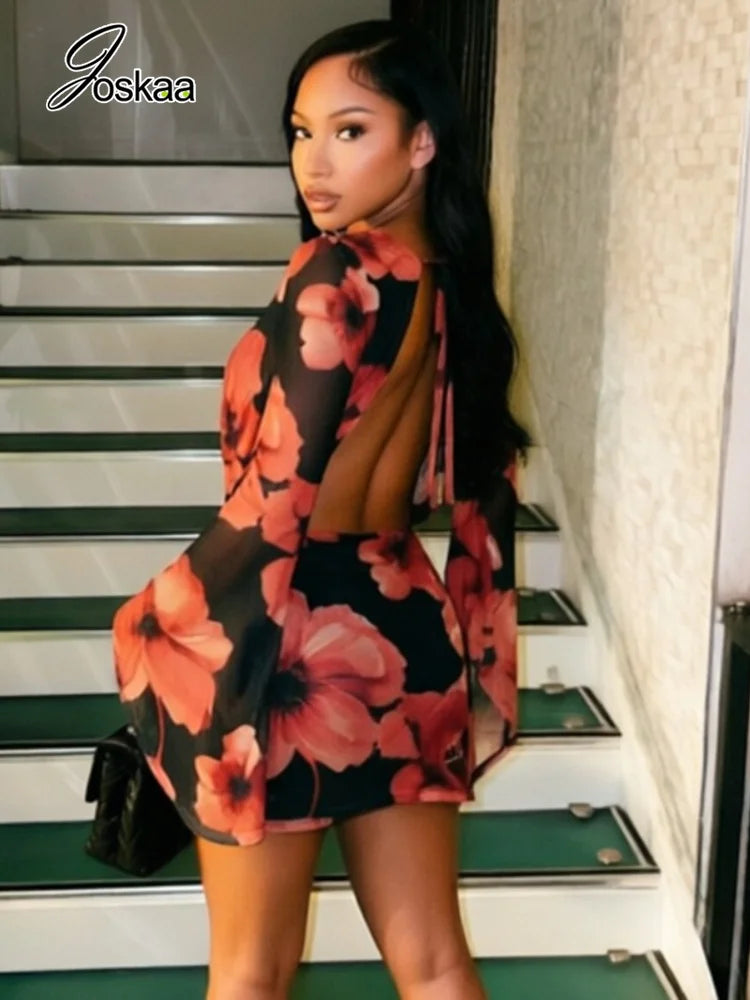 Women's Floral Print Mesh Bodycon Wide Leg Mini Dress - Side View