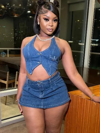 Women's Denim Halter Stretch Irregular Tank Two Piece Set Dark Blue – Front View