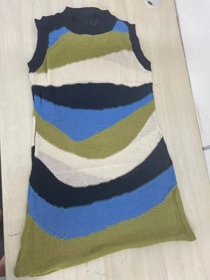 Women's Stripe Knit Sleeveless Mini Dress Patchwork – Back View