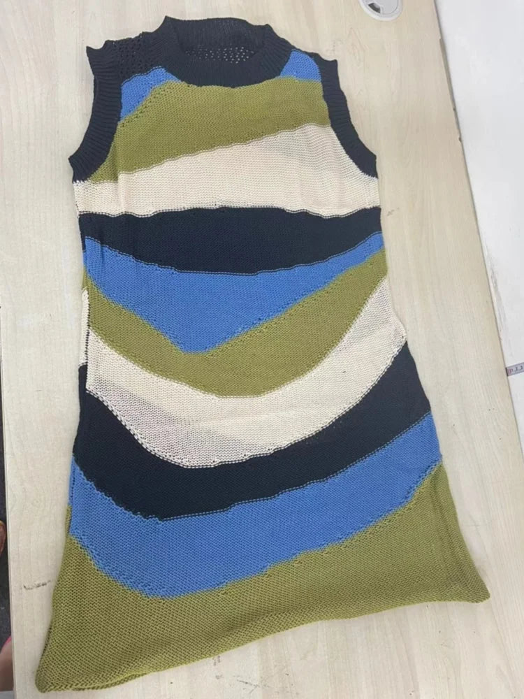 Women's Stripe Knit Sleeveless Mini Dress Patchwork – Back View
