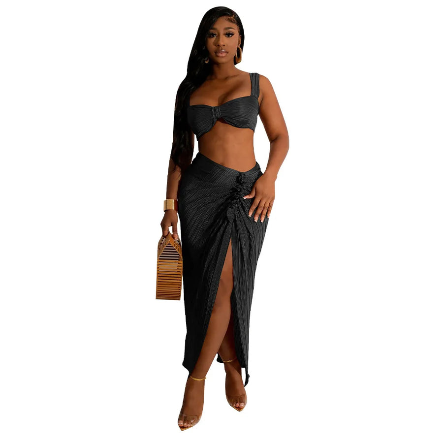 Women's Crop Pleated Solid Wrapped Two Piece Set