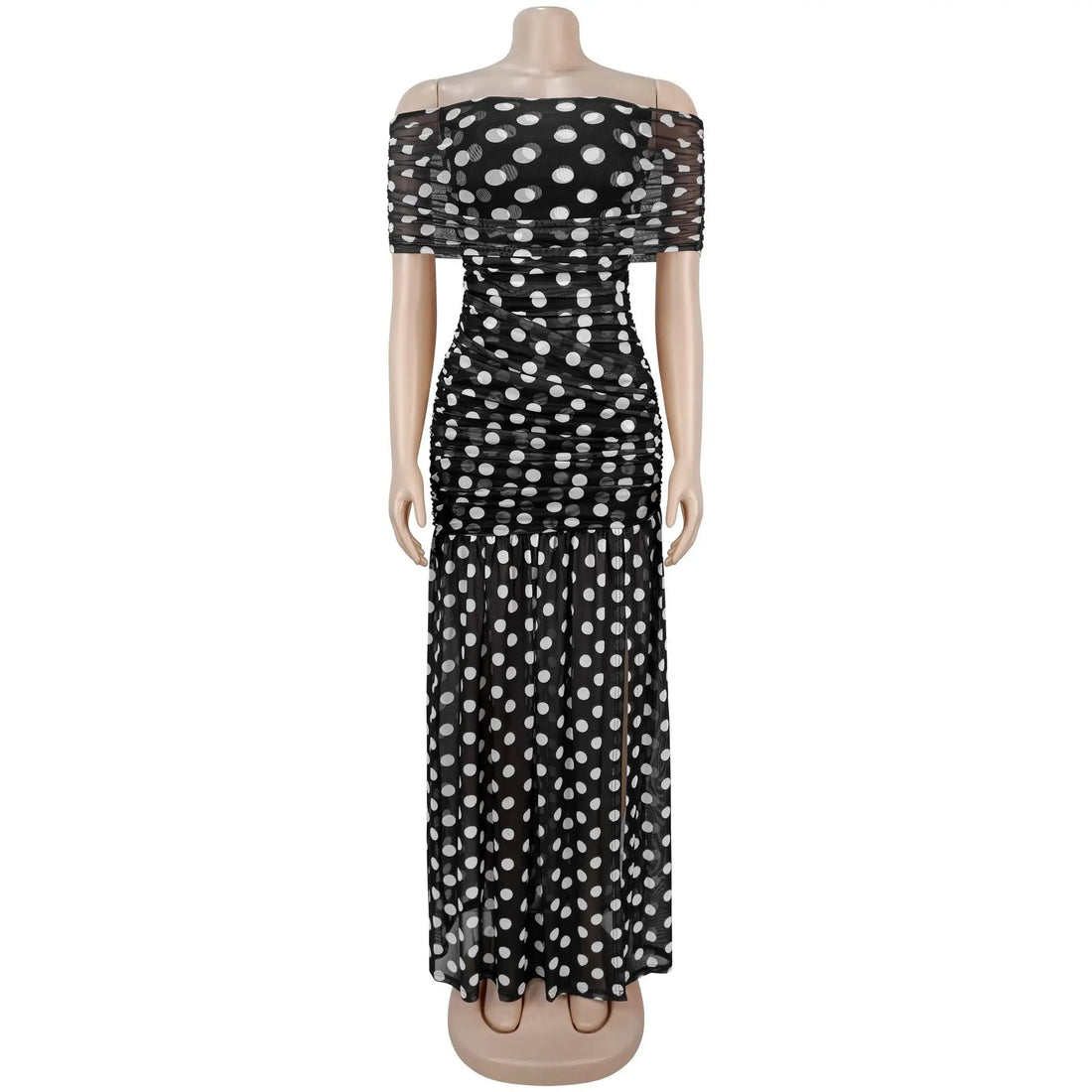 Women's Polka Dot Mesh Ruched Strapless Maxi Dress - Additional View 9