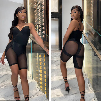 Women's Mesh Spaghetti Strap Black Two Piece Set