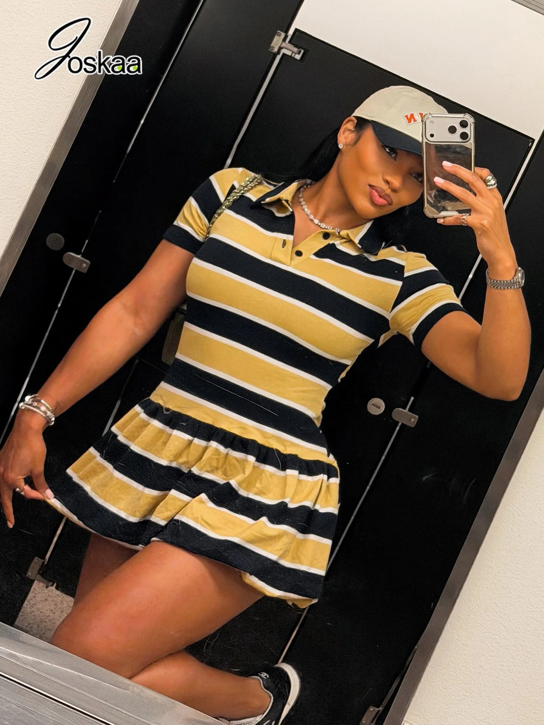 Women's Stripe Ruched Short Sleeve Mini Dress Yellow – Front View