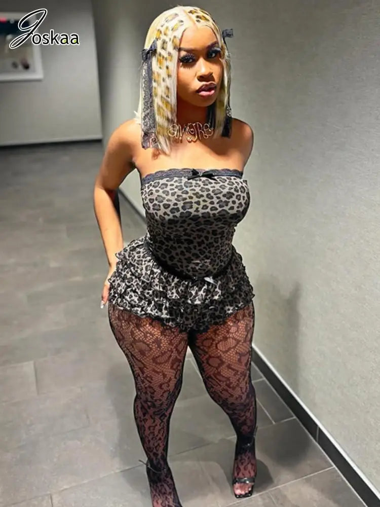 Women's Leopard Print Lace Mesh Two Piece Set – Women's Fashion Wholesale – Front View
