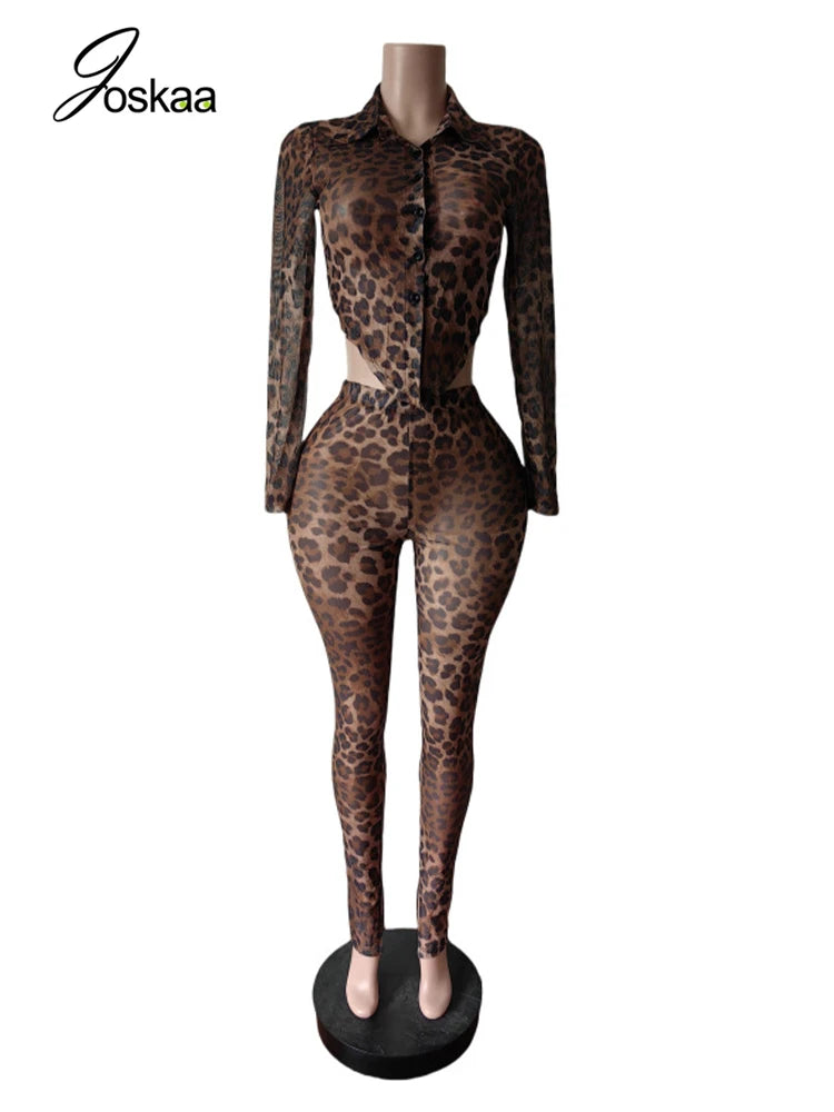 Women's Leopard Print Mesh Long Sleeve Two Piece Set Dark Brown – Side View