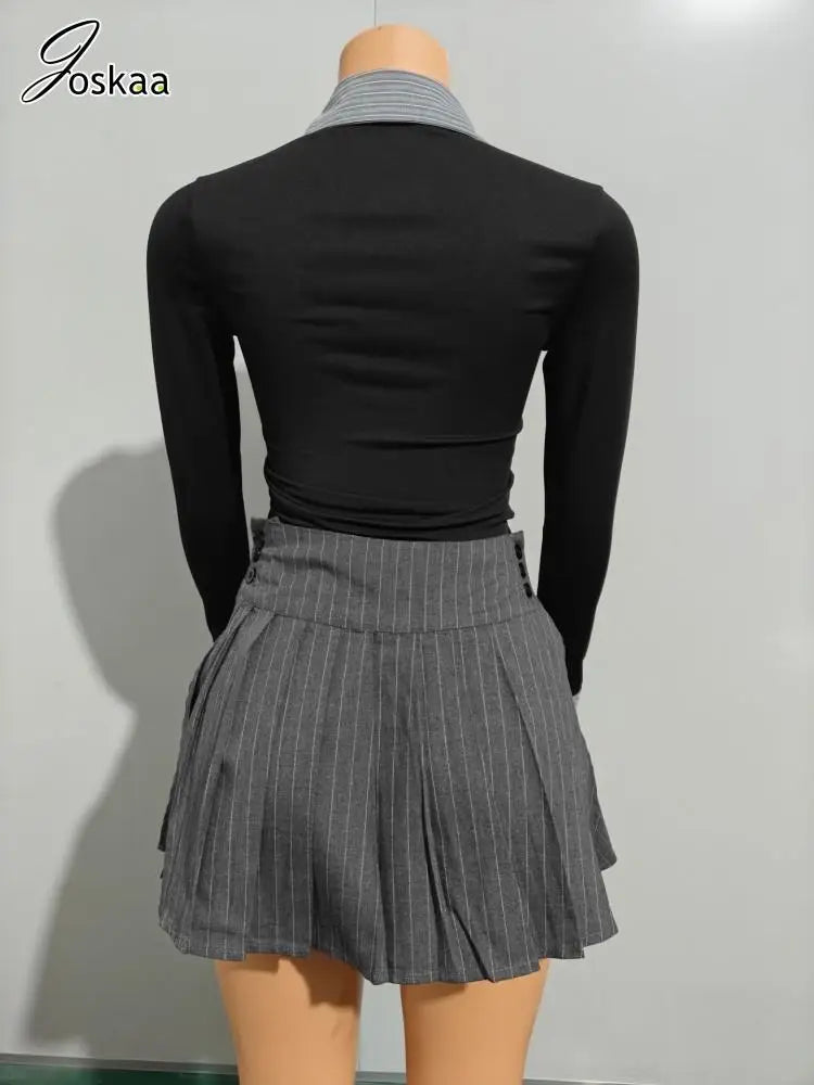 Women's Stripe Long Sleeve Mini Two Piece Set Black Gray Sets – Detail View