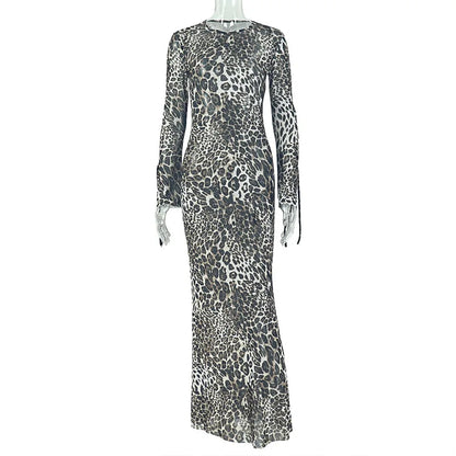 Women's Leopard Print Mesh Bodycon Maxi Dress