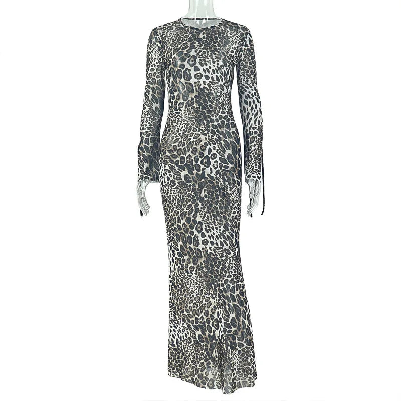 Women's Leopard Print Mesh Bodycon Maxi Dress
