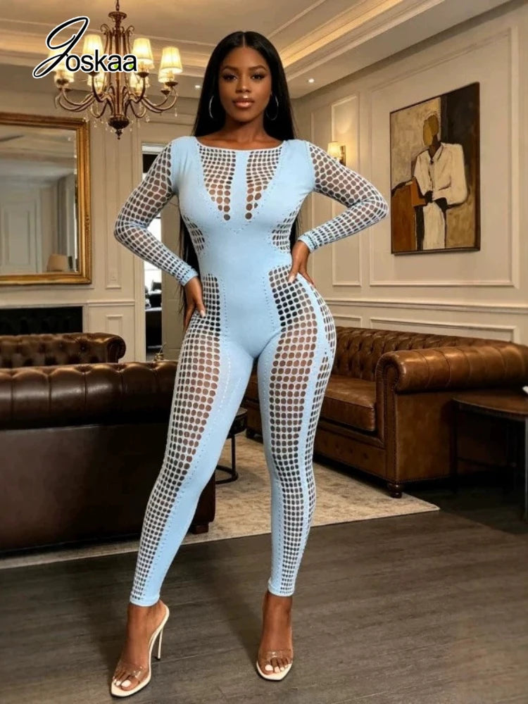 Women's Cutout Long Sleeve Bodycon Romper Sky Blue – Front View