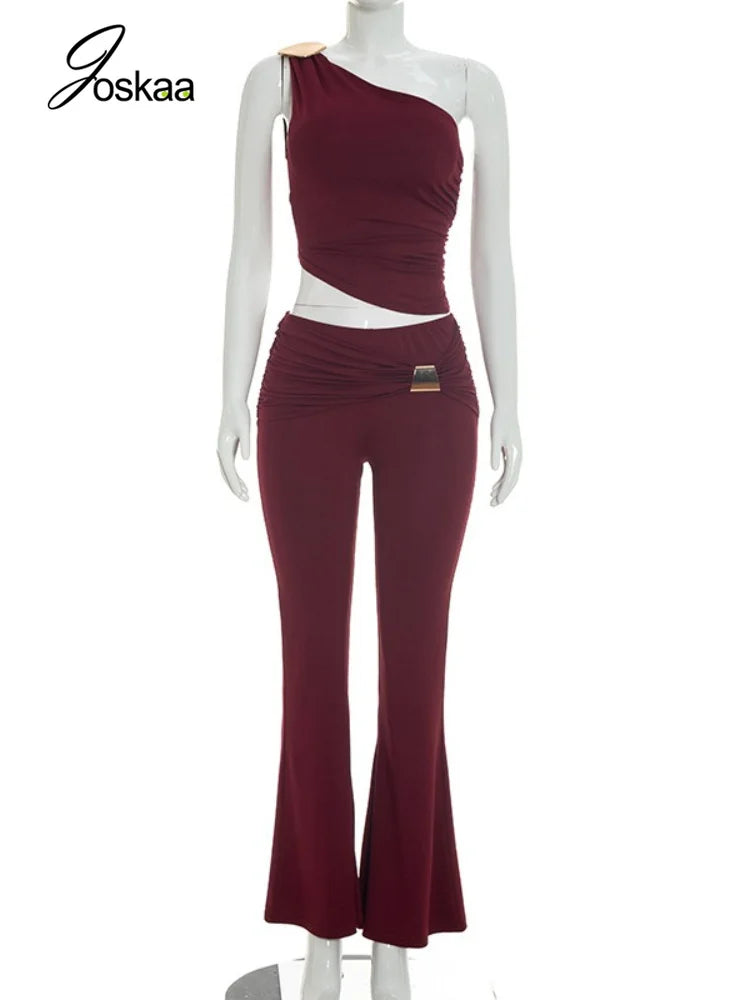 Women's Ruched One Shoulder Wide Leg Two Piece Set - Back View