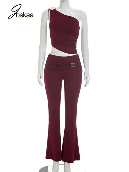 Women's Ruched One Shoulder Wide Leg Two Piece Set - Back View