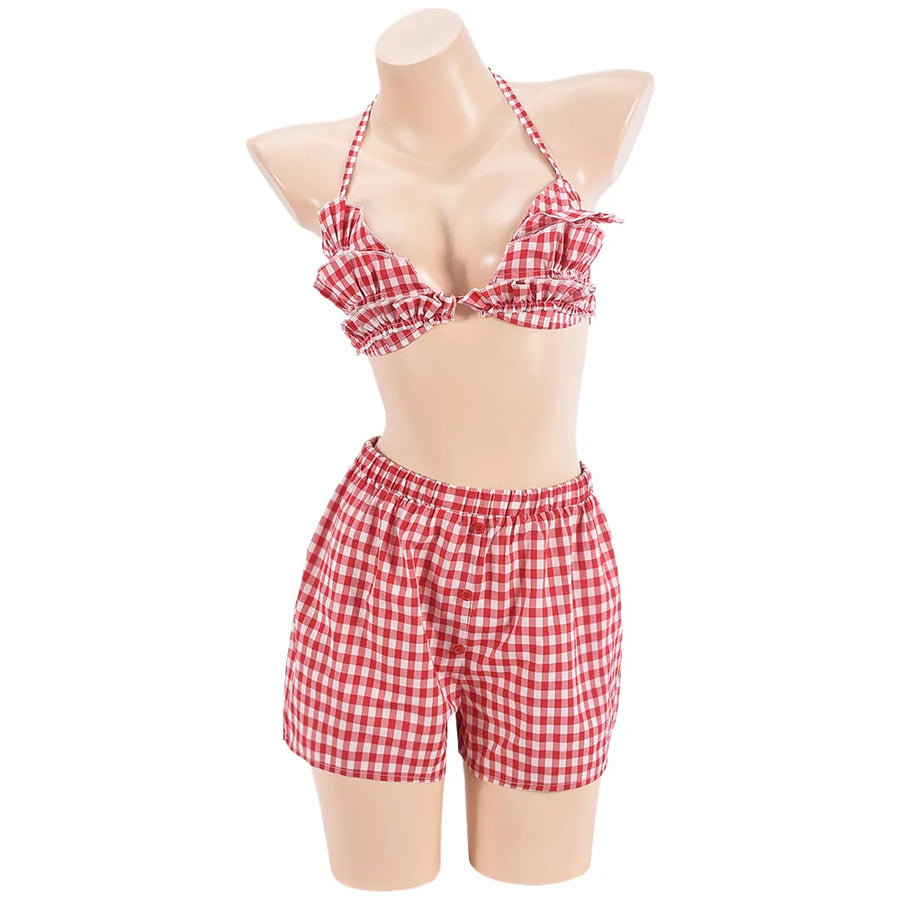 Wholesale Women's Backless Plaid Two Piece Set
