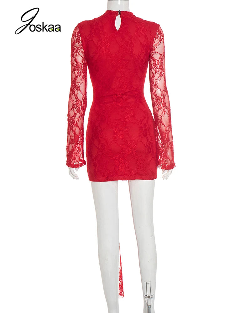 Women's Lace Cutout Long Sleeve Mini Dress Red – Detail View