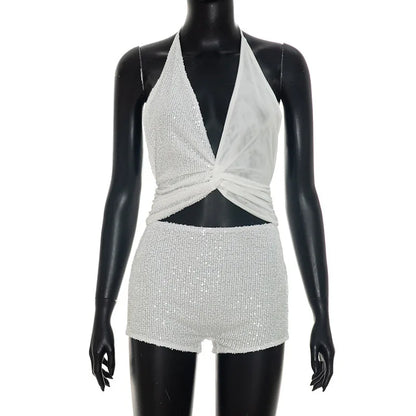 Women's Sequin Backless V-neck Halter Two Piece Set