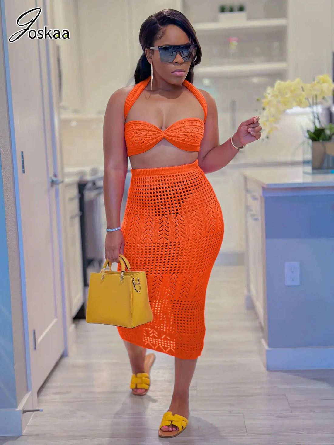 Women's Knit Cutout Ribbed Two Piece Set Orange – Side View