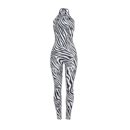 Women's Zebra Print Striped Backless Halter Romper - Additional View 7