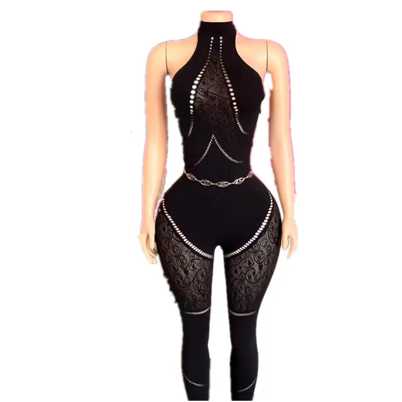 Women's Mesh Backless Cutout Halter Romper - Detail View 5