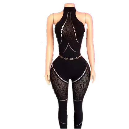 Women's Mesh Backless Cutout Halter Romper - Detail View 5