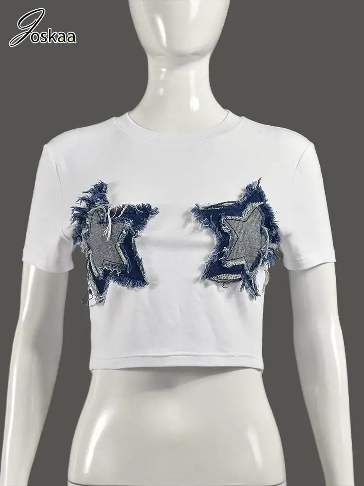 Women's Short Sleeve Five-pointed Star Patchwork Top White – Back View