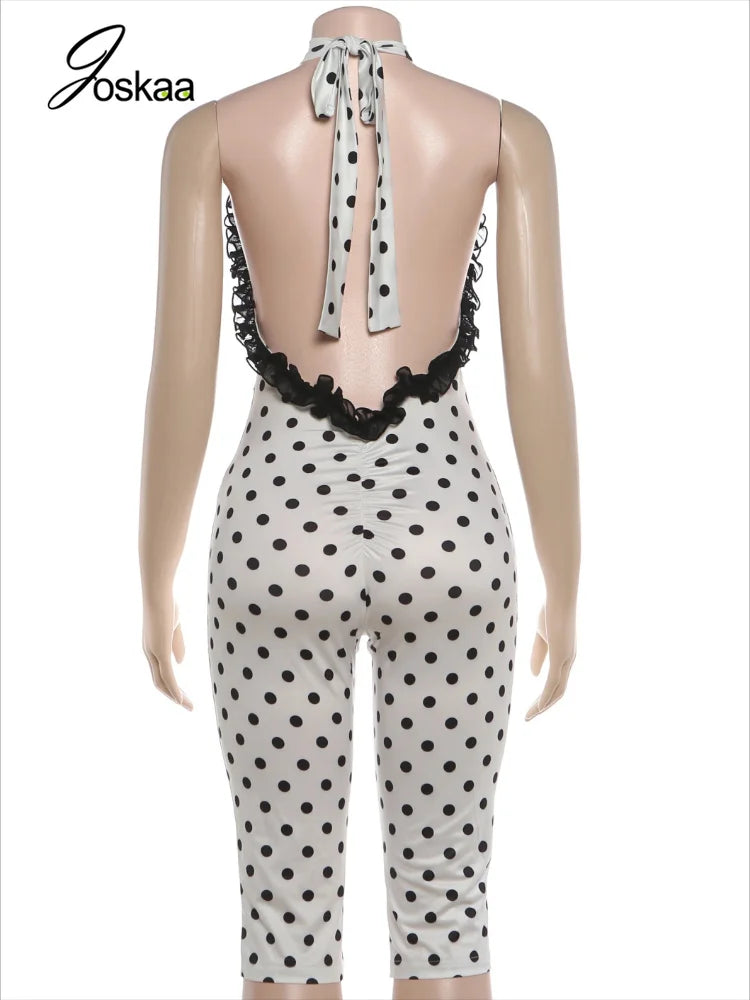 Women's Polka Dot Mesh Backless Halter Romper White – Detail View