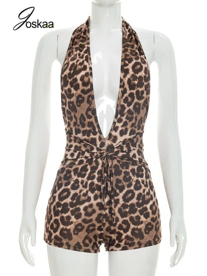Women's Leopard Print Backless Halter Romper Gray – Back View