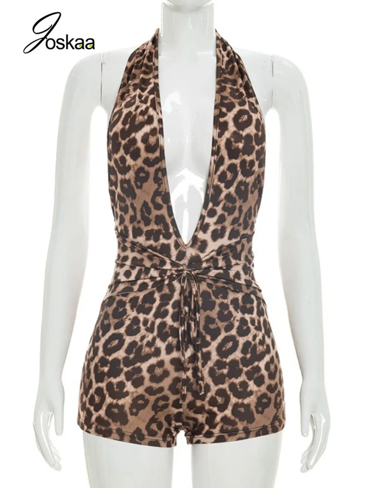 Women's Leopard Print Backless Halter Romper Gray – Back View