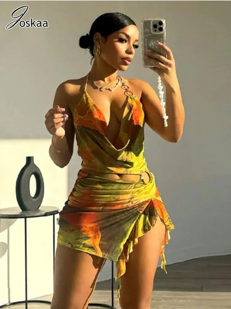 Women's Mesh Backless Cutout Halter Mini Dress Yellow – Front View