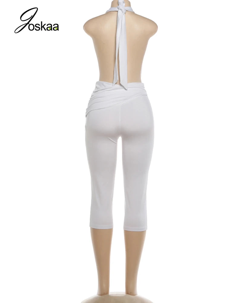 Women's Ruched Backless Halter Sleeveless Romper White – Back View