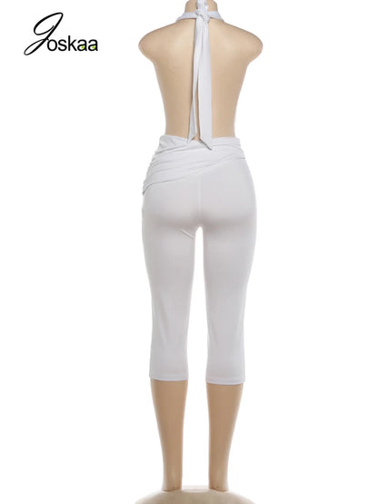 Women's Ruched Backless Halter Sleeveless Romper White – Back View