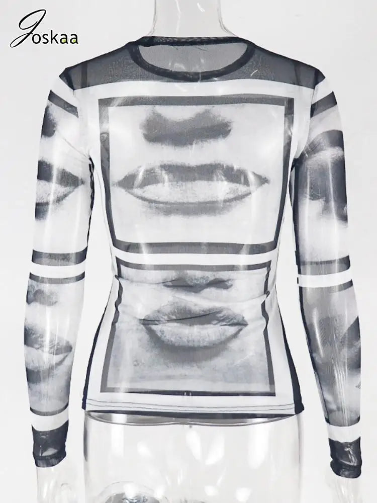 Women's Mesh Long Sleeve Abstract Sheer Top Black Gray – Detail View