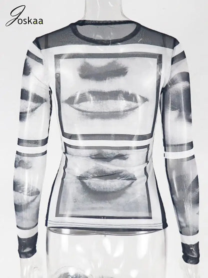 Women's Mesh Long Sleeve Abstract Sheer Top Black Gray – Detail View