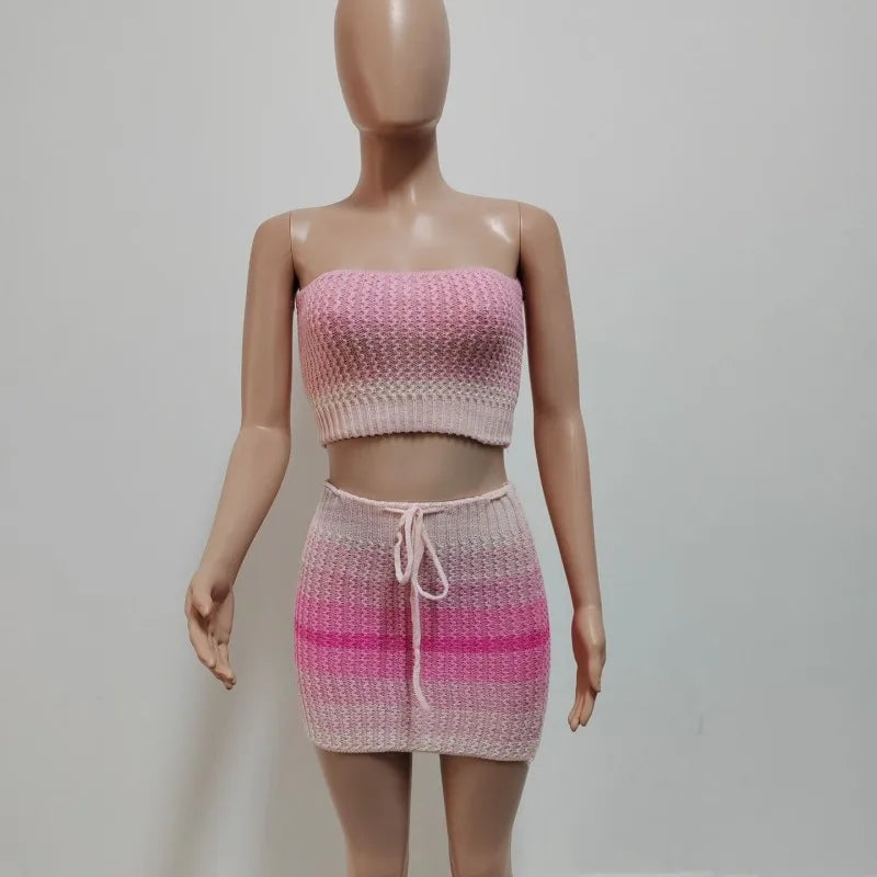 Women's Stripe Knit Strapless Two Piece Set