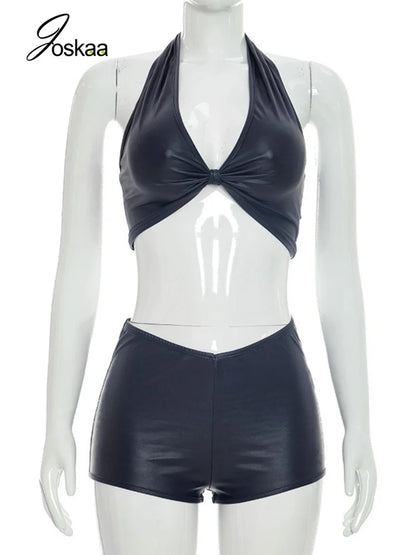 Women's Ruched Halter Crop Two Piece Set Dark Blue – Back View