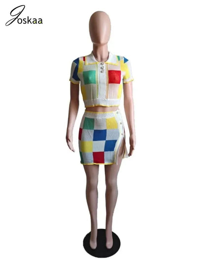 Women's Knit Short Sleeve Mini Two Piece Set Colorful – Detail View