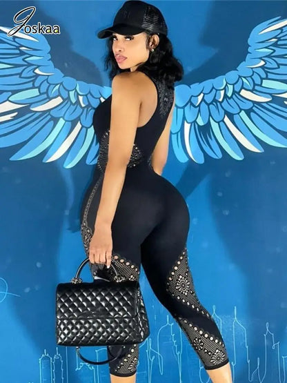 Women's Cutout Bodycon Jacquard Black Jumpsuit Romper Black – Side View