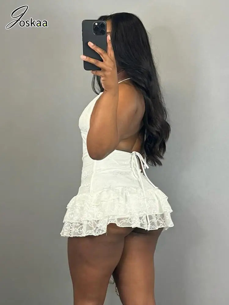Women's Lace Backless Halter Bodycon Mini Dress White – Side View