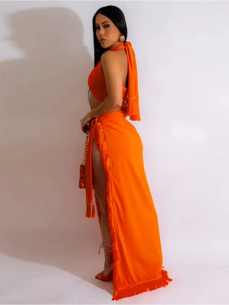 Women's Maxi Solid Wrap Chest Two Piece Set Blue – Front View