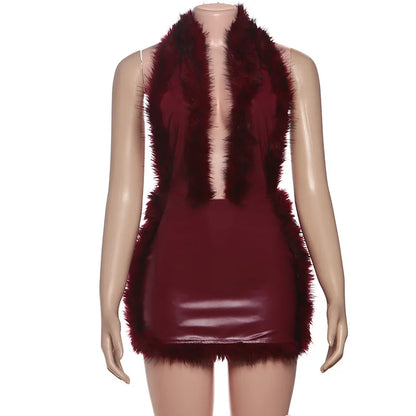 Women's Faux Leather Backless Halter Mini Dress