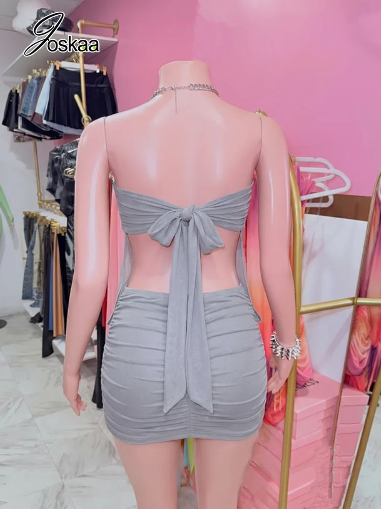 Women's Ruched Backless Strapless Mini Dress Gray – Side View