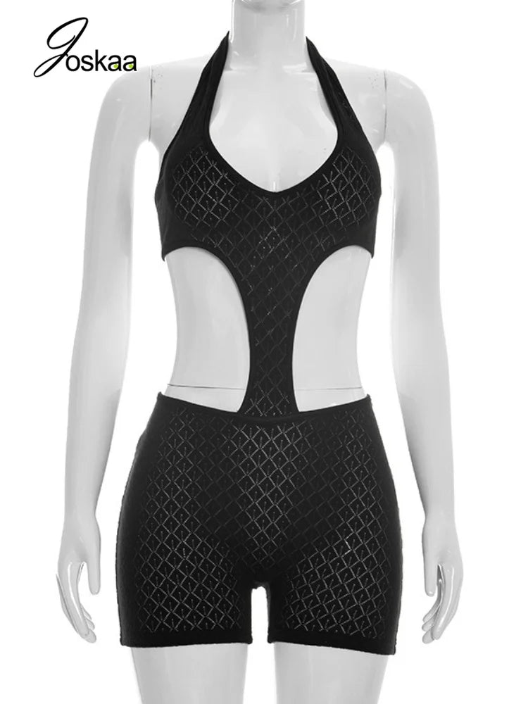 Women's Ribbed Knit Backless Cutout Halter Romper - Back View