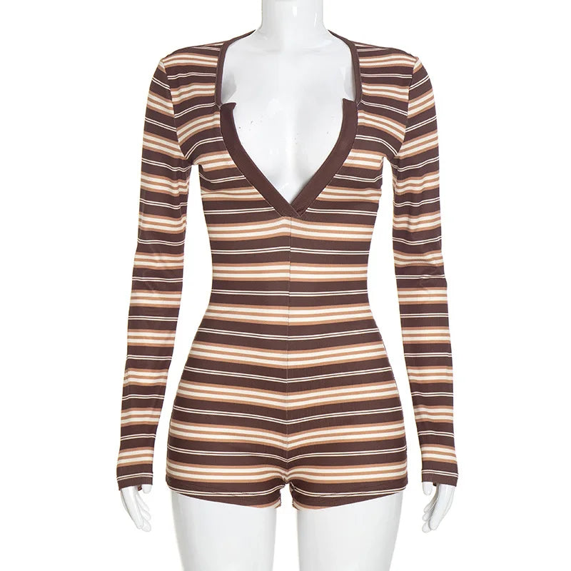 Women's Striped V-neck Long Sleeve Bodycon Romper - Additional View 10