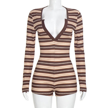 Women's Striped V-neck Long Sleeve Bodycon Romper - Additional View 10