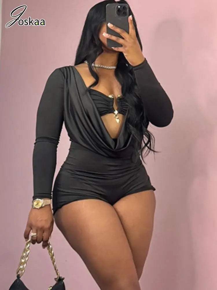 Women's Long Sleeve Bodycon Metal Buckle Decorate Romper Black – Front View